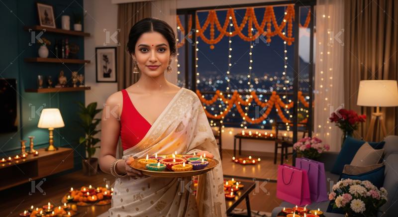 Young indian woman holding pooja thali celebrating diwali festiv