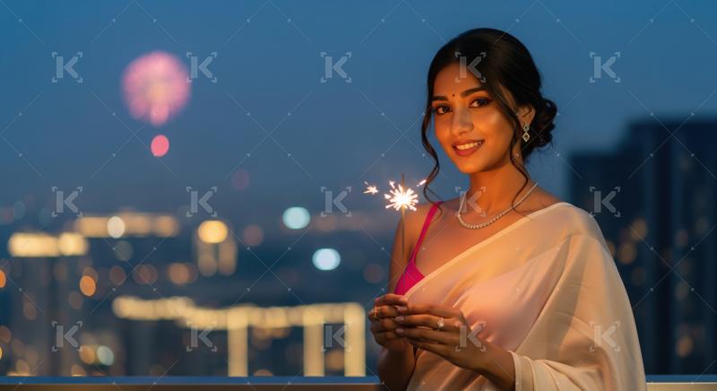 Young indian woman holding sparkler on diwali festival