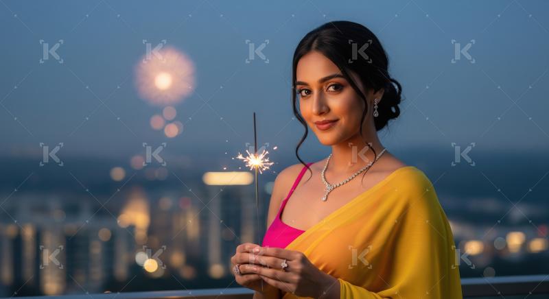 Young indian woman holding sparkler on diwali festival