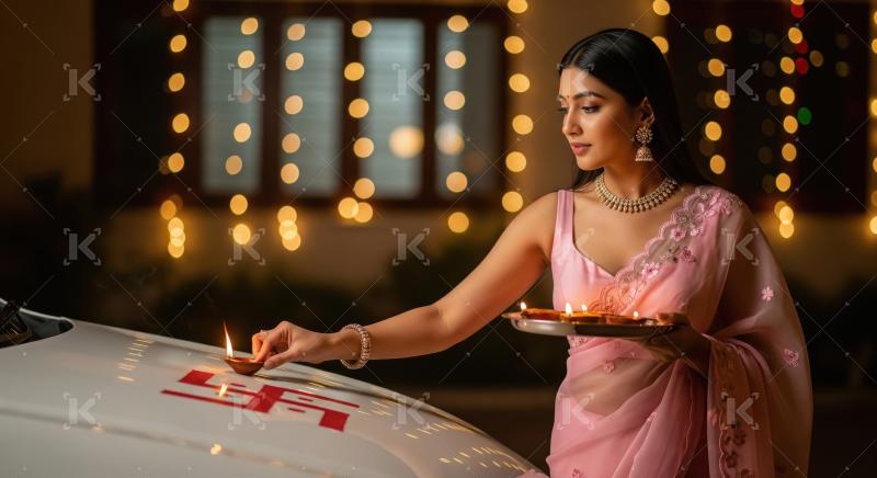 Young indian woman doing pooja of new car on diwali festival