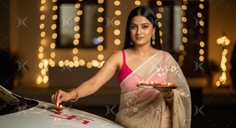 Young indian woman doing pooja of new car on diwali festival