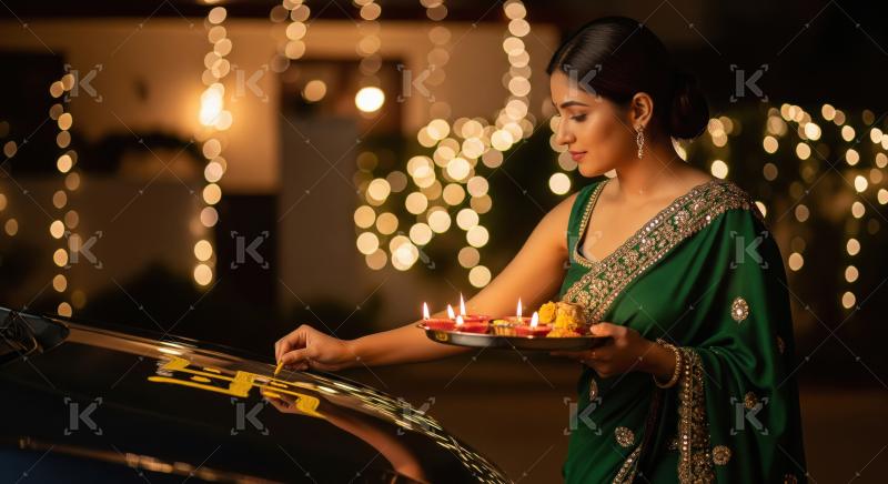 Young indian woman doing pooja of new car on diwali festival