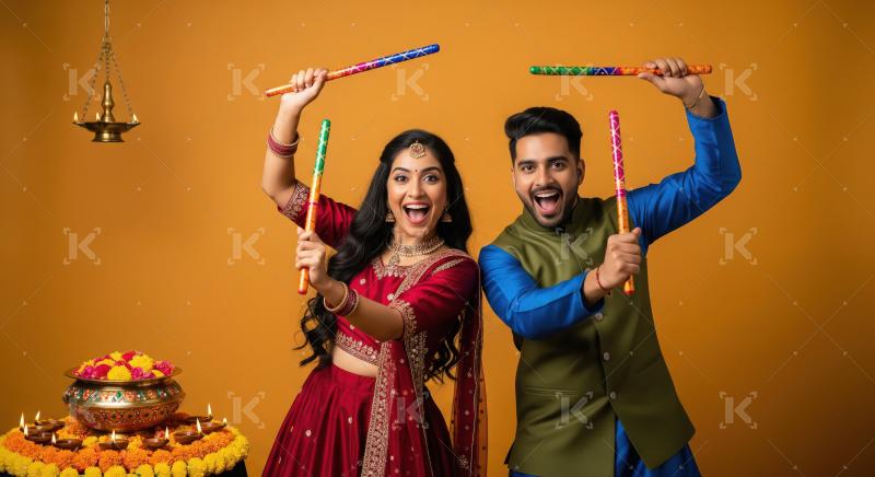 Happy young indian couple playing dandiya together in navratri