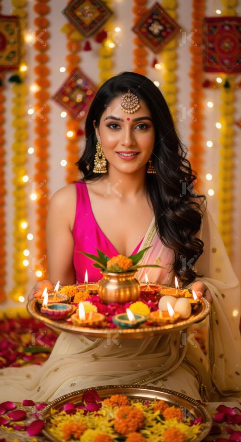 Young indian woman holding pooja thali celebrating diwali festiv
