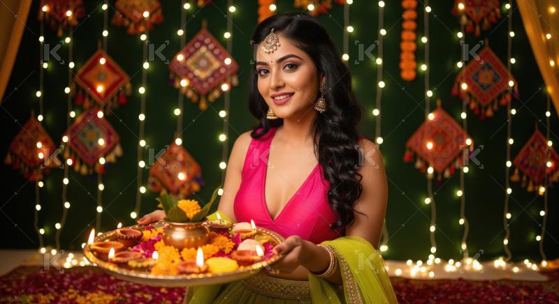 Young indian woman holding pooja thali celebrating diwali festiv
