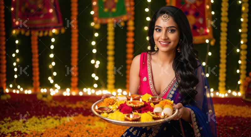 Young indian woman holding pooja thali celebrating diwali festiv