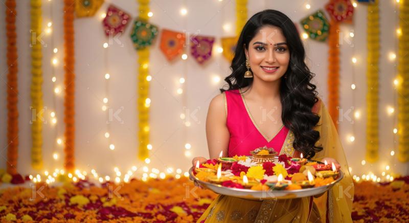 Young indian woman holding pooja thali celebrating diwali festiv