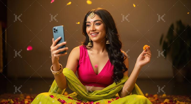 Young indian woman taking selfie with smartphone standing on whi