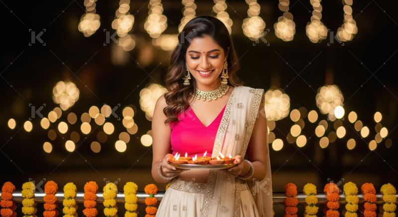 Young indian woman holding pooja thali celebrating diwali festiv