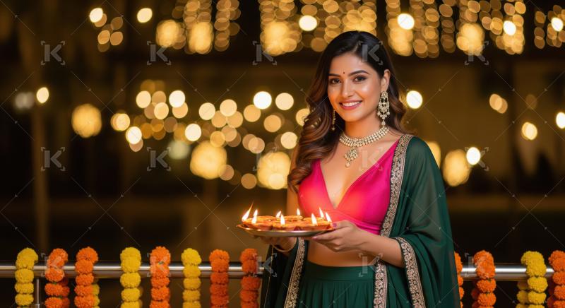 Young indian woman holding pooja thali celebrating diwali festiv