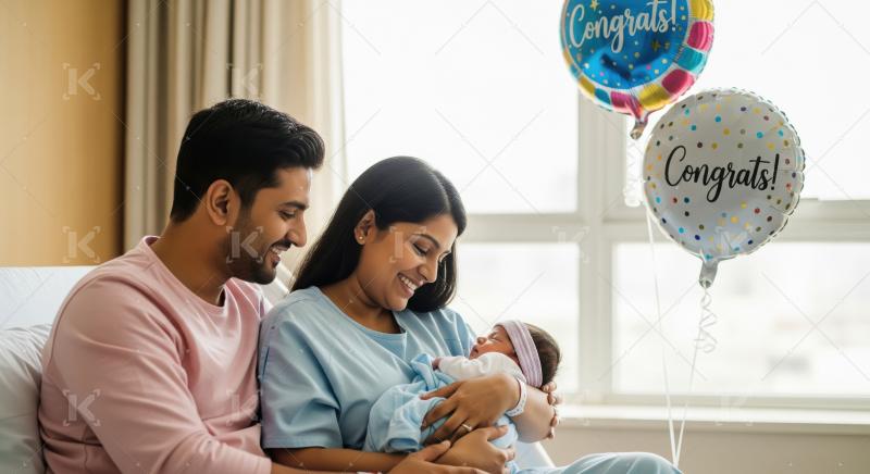 Young indian couple holding new born baby at hospital