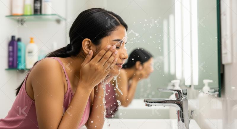Young beautiful indian woman washing face at morning