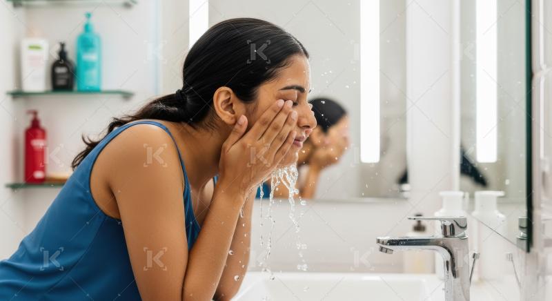 Young beautiful indian woman washing face at morning