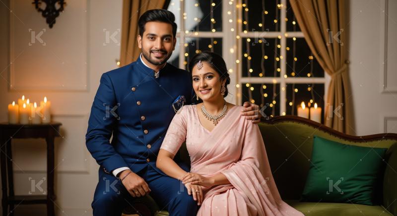 Young indian couple celebrating diwali festival together at home