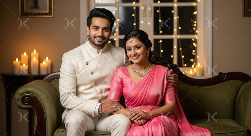 Young indian couple celebrating diwali festival together at home