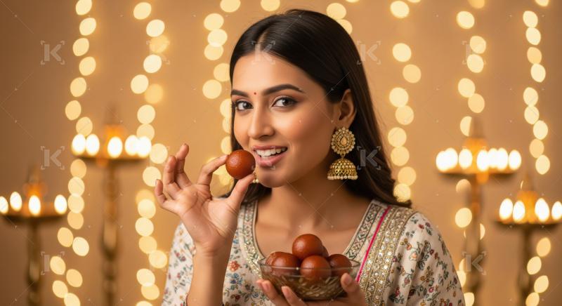 Young indian woman eating gulab jamun on diwali festival at home