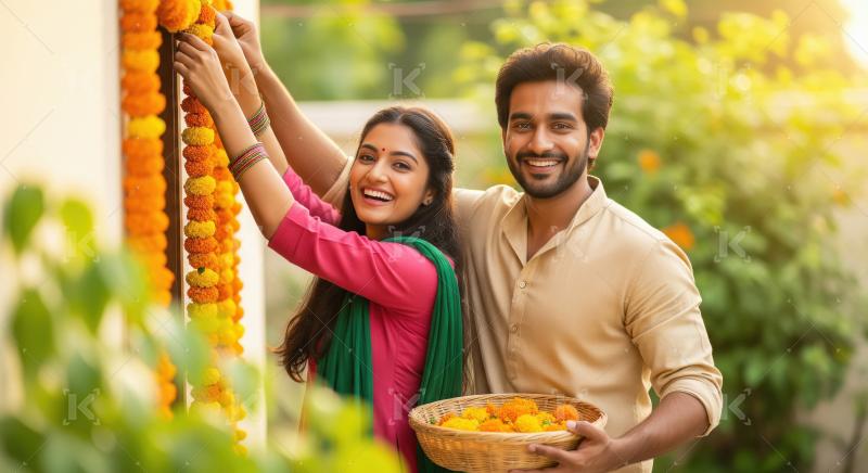 Young indian couple celebrating diwali festival together at home