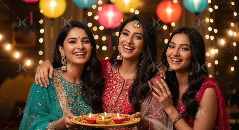 Three young indian female friends celebrating diwali festival to