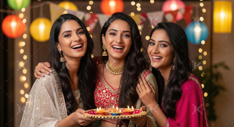 Three young indian female friends celebrating diwali festival to