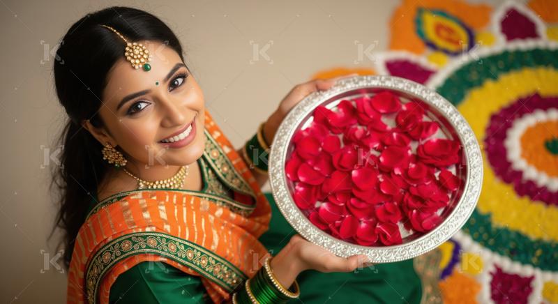 Young indian woman holding a plate of red flower petals on diwal