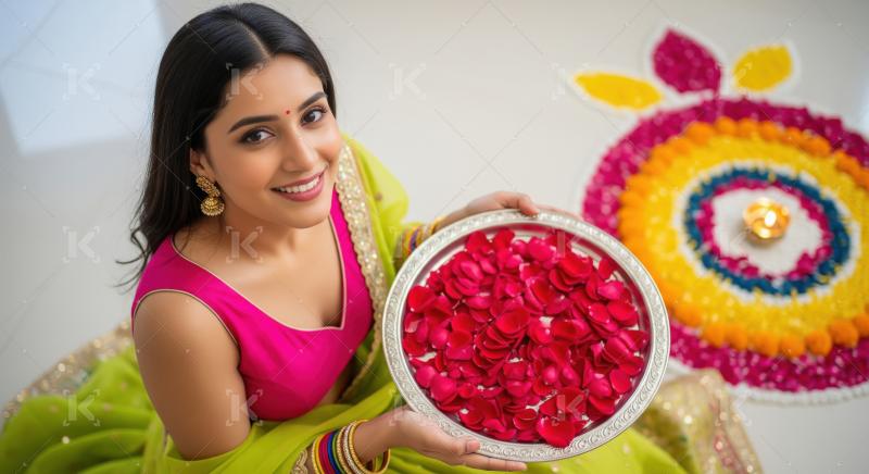 Young indian woman holding a plate of red flower petals on diwal