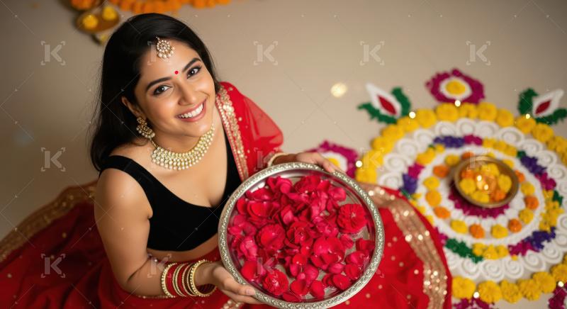 Young indian woman holding a plate of red flower petals on diwal