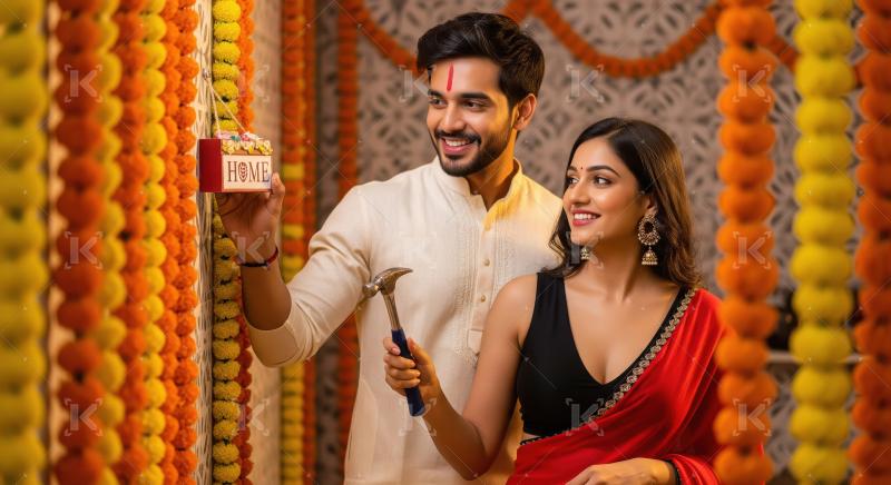 Young indian couple decorates their home entrance on diwali fest