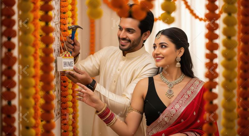 Young indian couple decorates their home entrance on diwali fest