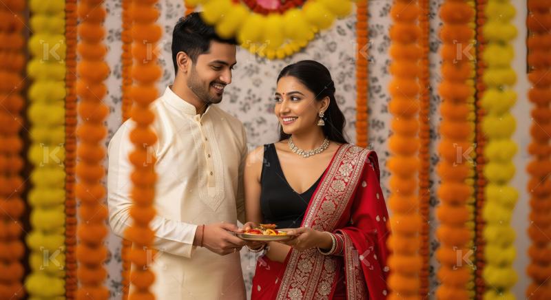 Young indian couple celebrating diwali festival together at home