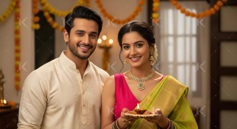 Young indian couple celebrating diwali festival together at home