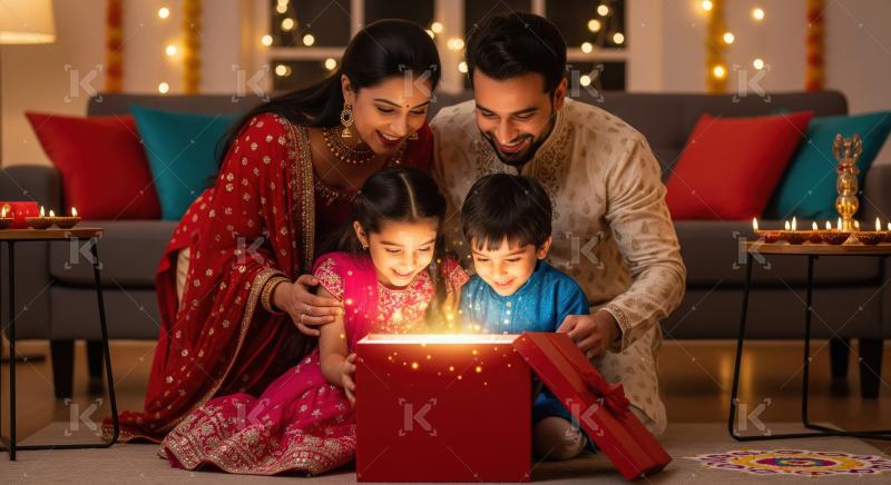 Happy indian family opening gift box together on diwali festival