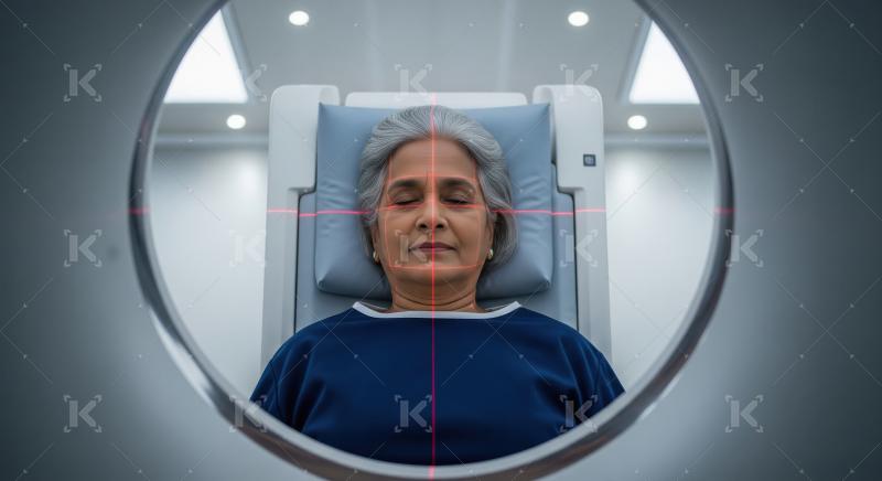 Elderly indian female patient sleeping in mri machine