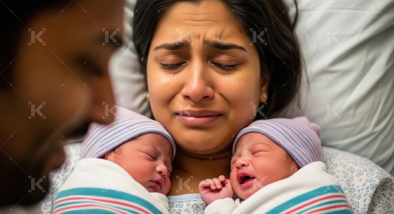 Young indian woman holding new born baby and crying