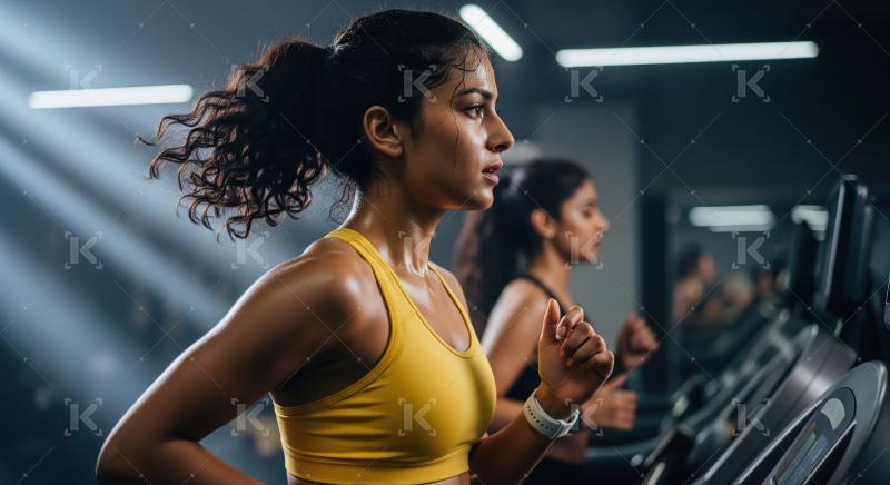 Young indian woman running on treadmill in the gym