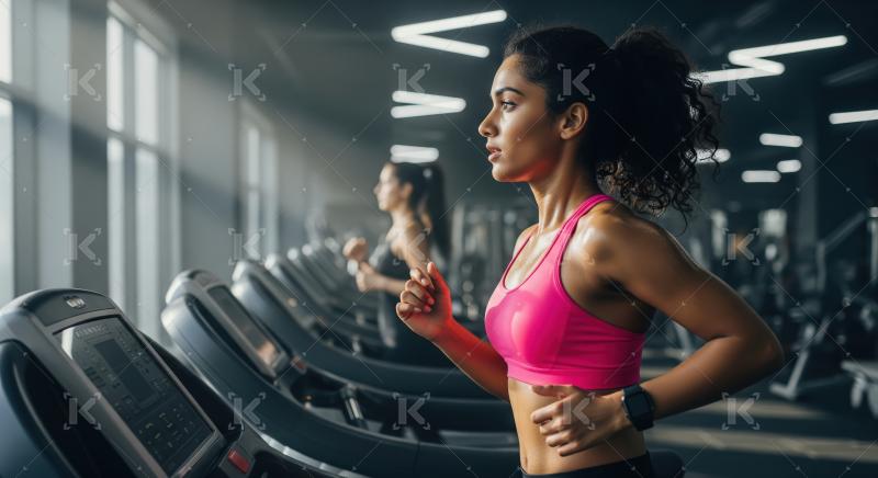 Young indian woman running on treadmill in the gym