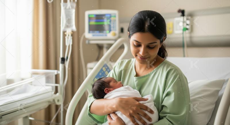 Young indian mother holding new born baby at hospital