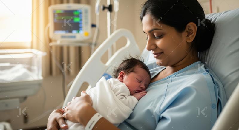 Young indian mother holding new born baby at hospital