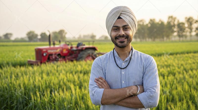 Young Sikh farmer proudly smiling in green field with tractor