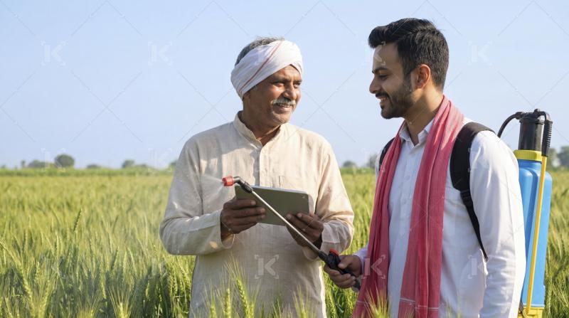 Indian farmers discuss agricultural technology in green wheat fi