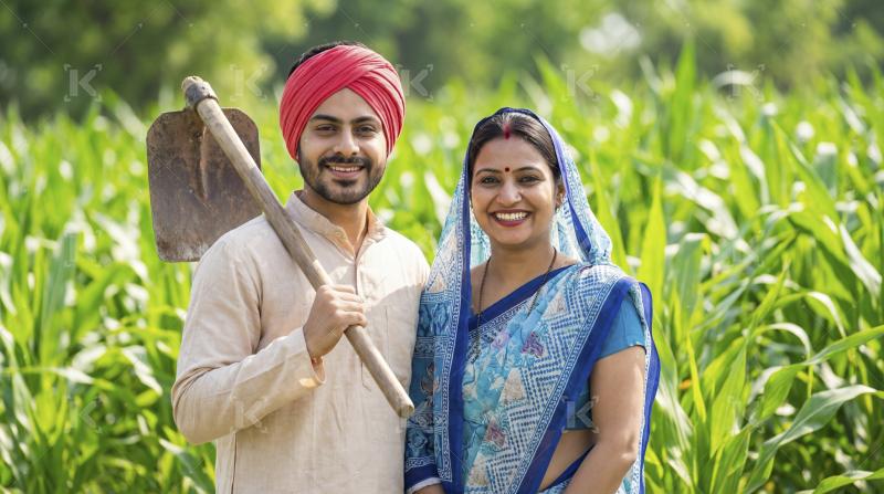 Indian Farmer Couple Smiling Proudly in Lush Green Field