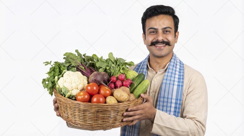 Happy Indian Farmer Holding Basket of Fresh Vegetables