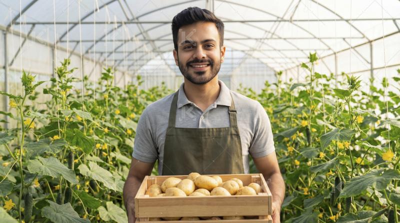 Smiling Farmer Holds Freshly Harvested Potatoes in Greenhouse