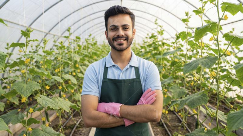 Smiling Young Man Working in a Modern Cucumber Greenhouse