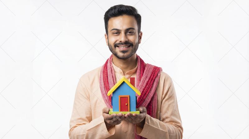 Young Indian Man Holding Colorful Toy House, Symbolizing Home Dr